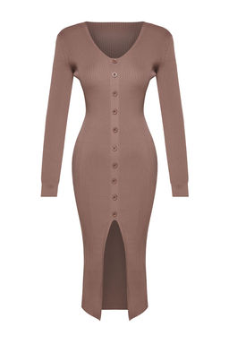 TRENDYOLMILLA Kahverengi Midi Triko Bodycone Elbise TWOAW25EL00045  фото 6