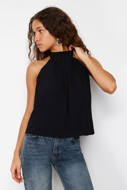 Siyah Pilise Halter Yaka Regular/Normal Kal?p Esnek Orme Bluz TWOSS24BZ00365