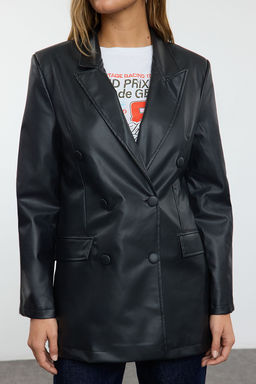 Trendyolmilla Fusya Suni Deri Kruvaze Kapama Astarl? Dokuma Blazer Ceket TWOAW21CE0156
