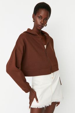 TRENDYOLMILLA Ekru Basic Fermuarl? Kapusonlu Crop Kal?n Ici Polarl? Orme Sweatshirt TWOAW20SW0660  фото 18