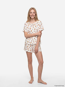 Bebe Yaka Ay?c?k Bask?l? Kad?n ?ortlu Pijama Tak?m?