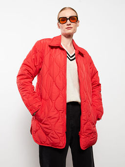 G?mlek Yaka Kendinden Desenli Uzun Kollu Kad?n ?i?me Mont