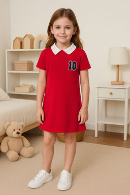 K?rm?z? K?z Cocuk %100 Pamuk Nak?sl? Gomlek Yaka K?sa Kol K?sa Orme Elbise TKDSS25EL00090