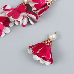 Декор текстиль Цветок 2 с жемчужиной. Малиновый и белый, набор 6 шт., 3 см