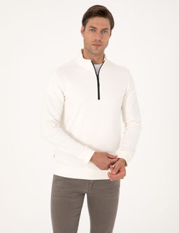 Ekru 3 _plik Regular Fit Fermuarl_ Dik Yaka Basic Sweatshirt