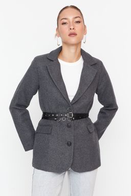 TRENDYOLMILLA Krem Kase Kemerli Dokuma Blazer Ceket TWOAW23CE00024