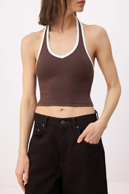 Kahverengi Fitted/Vucuda Oturan Boyundan Baglamal? Biyeli Pamuk Ribana Orme Atlet TWOSS26AL00065 - Trendyolmilla фото 3