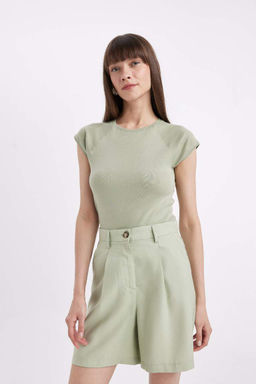 Базовая футболка в рубчик с короткими рукавами приталенного кроя с круглым вырезом - Defacto фото 4