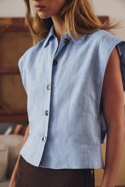 CAMISA MANGA SISA CON LINO / Azul
