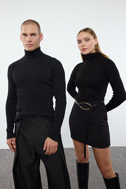 Siyah Slim Fit Pamuklu Bal_k__ Yaka Fitilli _rg_ Kazak TMNAW20MG0031