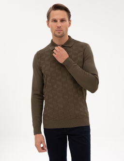 Koyu Haki Slim Fit Polo Yaka Fermuarl_ Triko Kazak - Pierre cardin фото 3