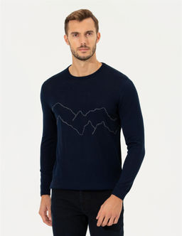 Lacivert Regular Fit Bisiklet Yaka Y_n Kar___ml_ Triko Kazak