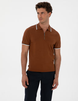 Kahverengi Slim Fit Polo Yaka Fermuarl_ Triko Kazak - Pierre cardin фото 3