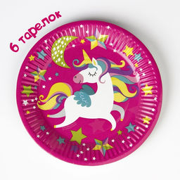 Посуда одноразовая бумажная для праздника «С днём рождения. Единорожек», набор, 6 тарелок, 6 стаканов, 6 колпаков, гирлянда