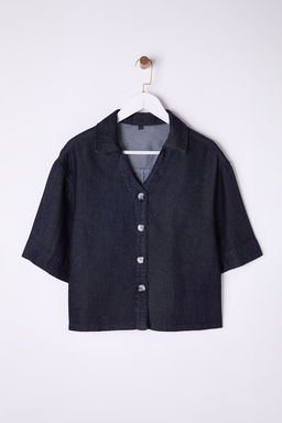 TRENDYOLMILLA Koyu Mavi %100 Tencel V Yaka Denim Gomlek TWOSS25GO00001  фото 6