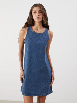 Bisiklet Yaka Kendinden Desenli Mini Jean Elbise