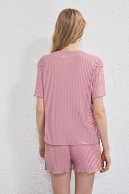 Trendyolmilla Bordo Slogan ve Kalp Nak?sl? Fitilli Sortlu Orme Pijama Tak?m? THMSS25PT00402 фото 5