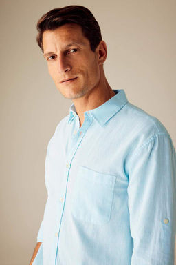 Льняная рубашка обычного кроя с воротником поло и длинными рукавами - Defacto фото 4