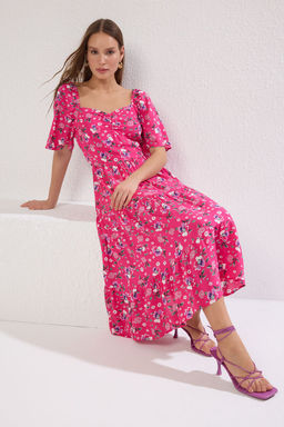 Pembe A Kesim Balon Kollu Cicek Desenli Midi Dokuma Elbise TWOSS20EL2323