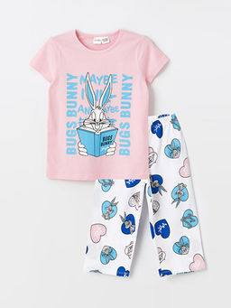 Bisiklet Yaka Bugs Bunny Bask?l? K?sa Kollu K?z ?ocuk Pijama Tak?m?