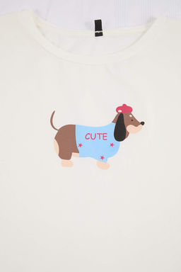 Beyaz-Cok Renkli Kopek Desenli Pamuklu Likral? Yumusak Tuse Orme Pijama Tak?m? THMSS26PT00126