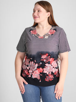 Футболка в клетку с цветами - Almond фото 2