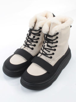 04-PAJ76-2Z LT. BEIGE /BLACK Ботинки зимние женские (натуральная кожа, натуральный мех, 100% шерсть)