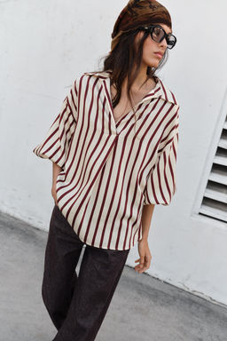 CAMISA RAYAS MANGA ABULLONADA / Crudo / Granate - Zara фото 5