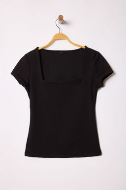 Siyah Kare Yaka Fitted/Vucuda Oturan Orme Bluz TWOSS25BZ00378