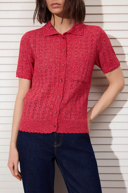 K?rm?z? Pamuk Kar?s?ml? Dugmeli Triko Bluz TWOSS26BZ00294