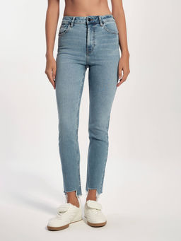 CONTE CON-720 Джинсы skinny с ассиметричным низом и эффектом разрушений light blue