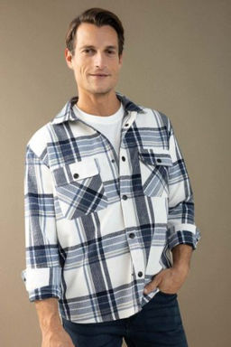 Lacivert Relax Fit Polo Yaka Kareli Oduncu Flanel Pamuklu Uzun Kollu Gomlek