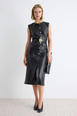 Siyah Bodycon/V_cuda Oturan Bisiklet Yaka Kolsuz Midi Suni Deri _rme Elbise TWOAW27EL00058