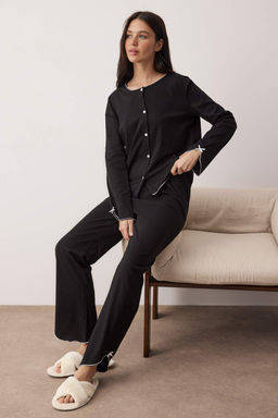 Siyah %100 Pamuklu Baby Overlok ve Kurdele Detayl? Orme Pijama Tak?m? THMAW26PT00228