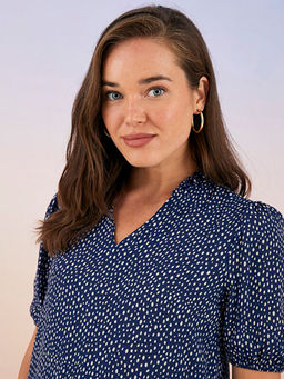 V Yaka Desenli K?sa Kollu Viskon Hamile Elbise