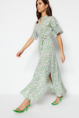 Mor Kusakl? Cicek Desenli Maxi Viskon Dokuma Gomlek Elbise TWOSS19EL0094