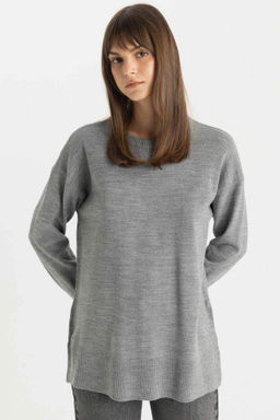 Regular Fit Bisiklet Yaka Yandan Y?rtmacl? Basic Duz Triko Kazak Tunik - Defacto фото 3