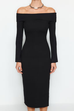 TRENDYOLMILLA Siyah Fitted/Vucuda Oturan Yumusak Dokulu Midi Esnek Orme Kalem Madonna Yaka Elbise TWOAW24EL00803  фото 9