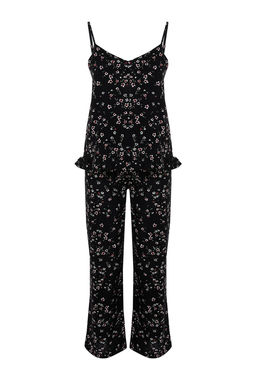 Trendyolmilla Siyah Cicekli F?rf?rl? Ip Ask?l? Viskon Dokuma Pijama Tak?m? THMSS24PT00301