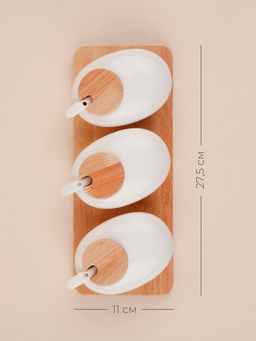 Банки для сыпучих SL Home «Тренто», 150 мл, набор 3 шт., с ложками, на деревянной подставке, фарфор, белые