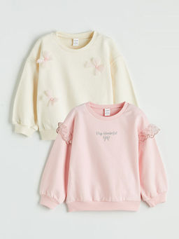 Bisiklet Yaka Nak??l? K?z ?ocuk Sweatshirt 2li