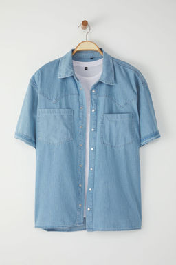 TRENDYOL MAN Mavi Genis Fit K?sa Kol Western Denim Kot Gomlek TMNSS25GO00046 - Trendyolmilla фото 5
