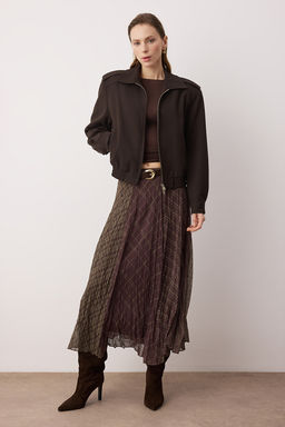 Haki-Kahverengi Ekoseli Astarl? Sifon K?r?s?k Efektli Maxi Asimetrik Etek TWOSS26ET00045