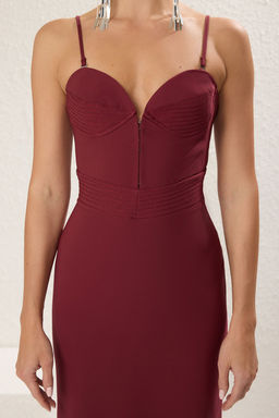 Bordo Straplez Dokuma Uzun S?k Abiye Gece Mezuiyet Elbisesi TPRSS25AE00098