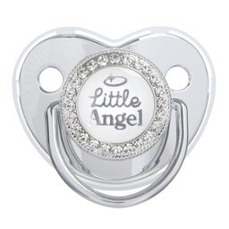Соска - пустышка силиконовая ортодонтическая «LITTLE ANGEL», от 6 мес., с колпачком + держатель - цепочка, цвет серебряный, стразы
