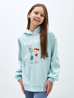 Bask?l? Uzun Kollu K?z ?ocuk Hoodie