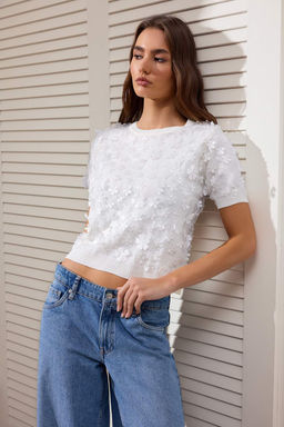 Pembe Uc Boyutlu Cicek Detayl? ve Tullu Triko Bluz TWOSS26BZ00128 - Trendyolmilla фото 7