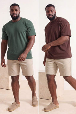 Kahverengi-Ye_il B_y_k Beden 2li Paket Regular/Normal Kesim T-Shirt TMNSS24BF00002