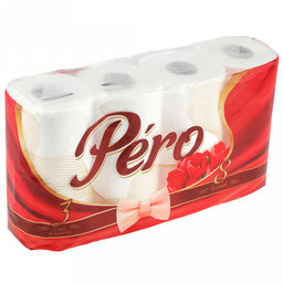 Туалетная бумага 3-х слойная "Pero Tulip", 8 рулона в упаковке, отрывной лист, белый (Россия)
