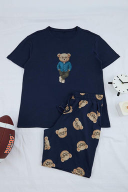 Lacivert Regular Ay_c_k Bask_l_ T-shirt - _ort _rme Pijama Tak_m_ TMNSS26PT00010